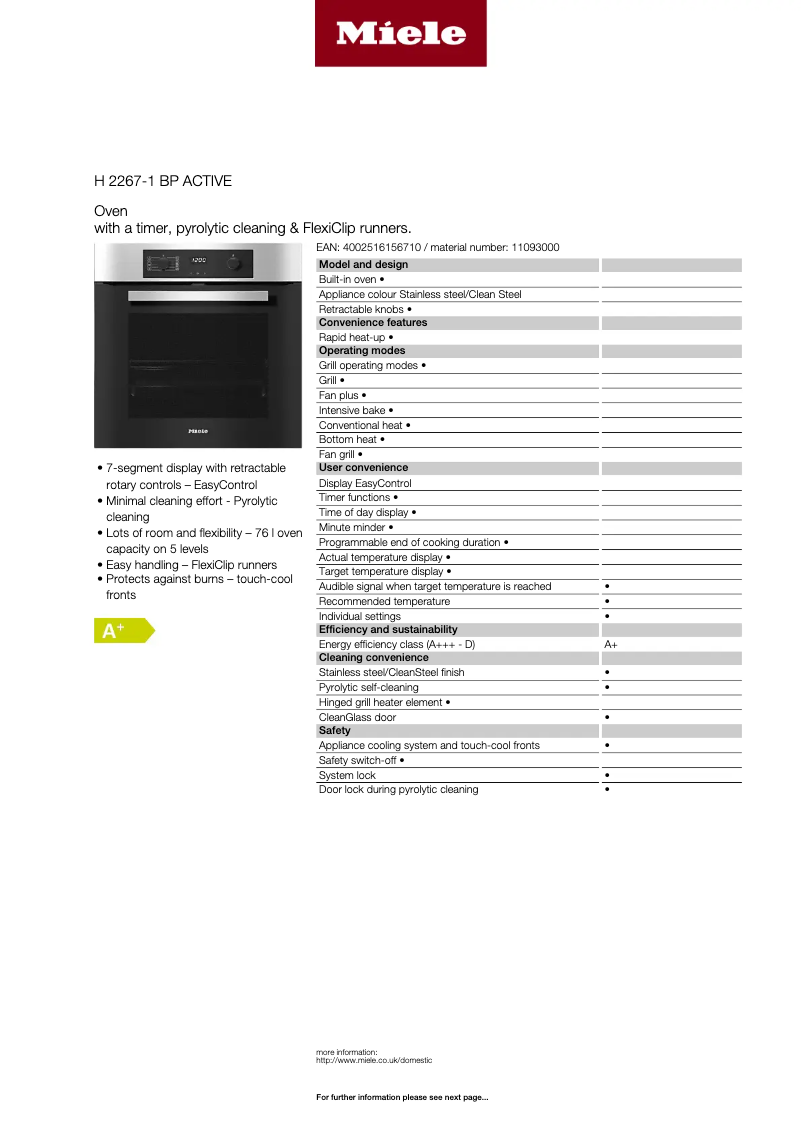 Página 1 del manual Ficha técnica Miele H 2267-1 BP Active