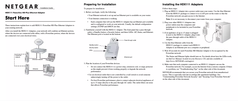 Page 1 de la notice Guide d'installation Netgear Powerline HD Plus Ethernet Adapter HDX111