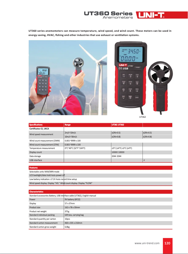 Page 1 de la notice Fiche technique Uni-T UT362