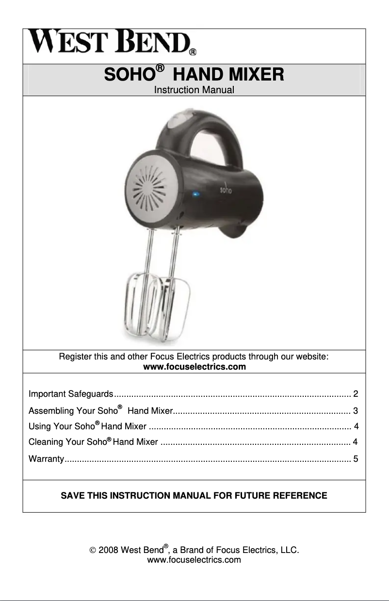 Page 1 de la notice Manuel utilisateur WestBend SHHM100