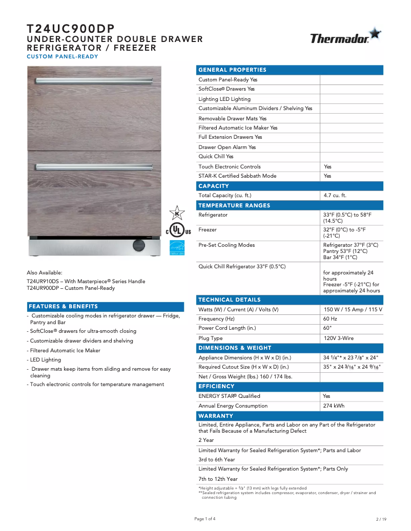 Page 1 of the manual Technical Sheet Thermador T24UC900DP