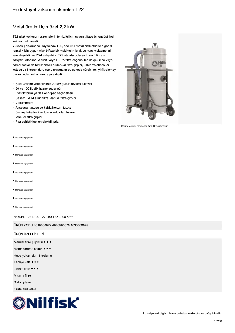 Page 1 de la notice Fiche technique Nilfisk T40