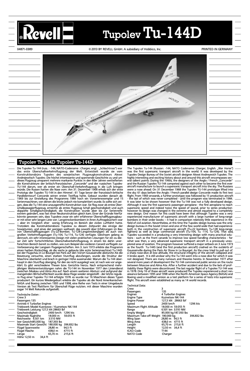 Página 1 del manual Manual de usuario Revell Supersonic Passenger Aircraft Tupolev Tu-144D