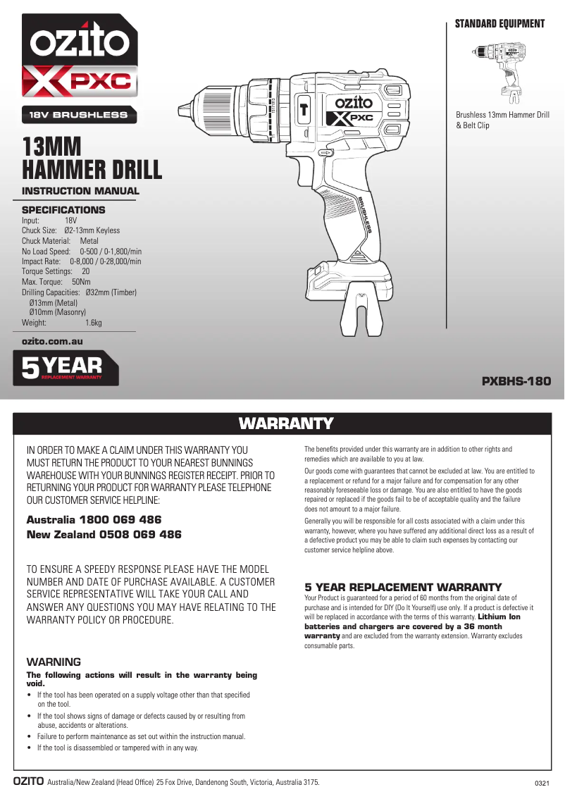 Page 1 de la notice Manuel utilisateur Ozito PXBHS-180