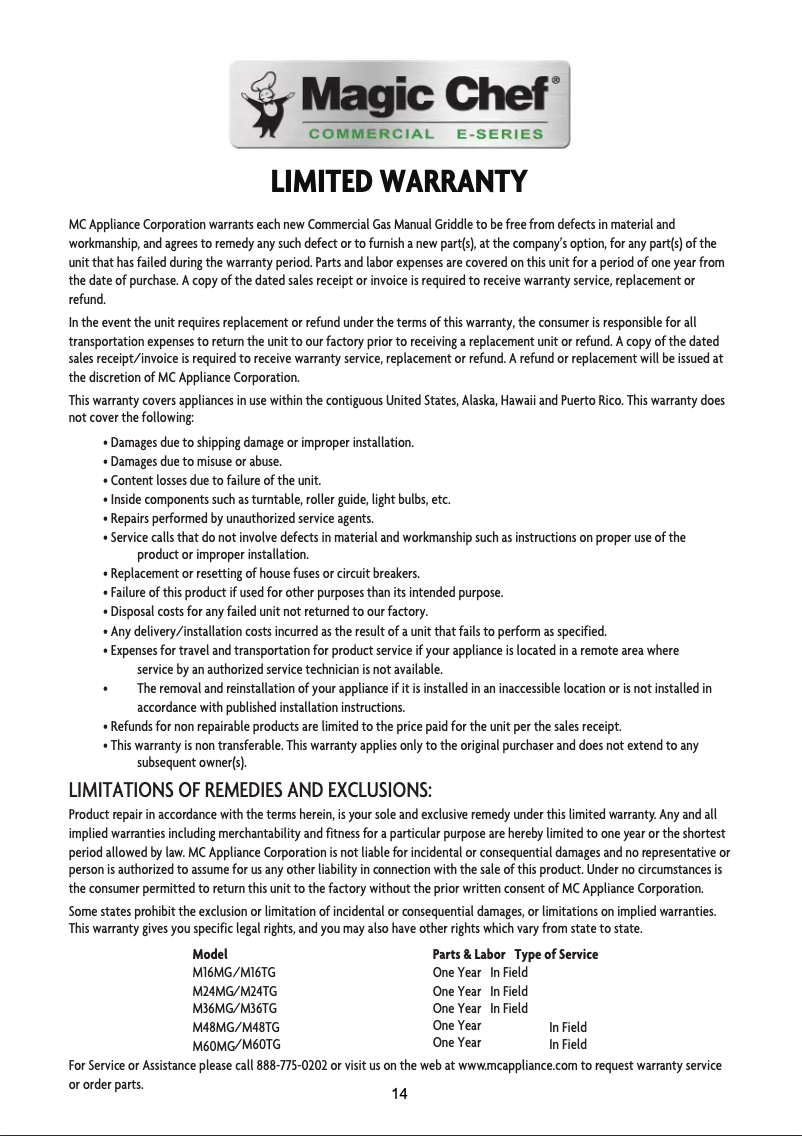 Página 1 del manual Información de garantía Magic Chef M36MG