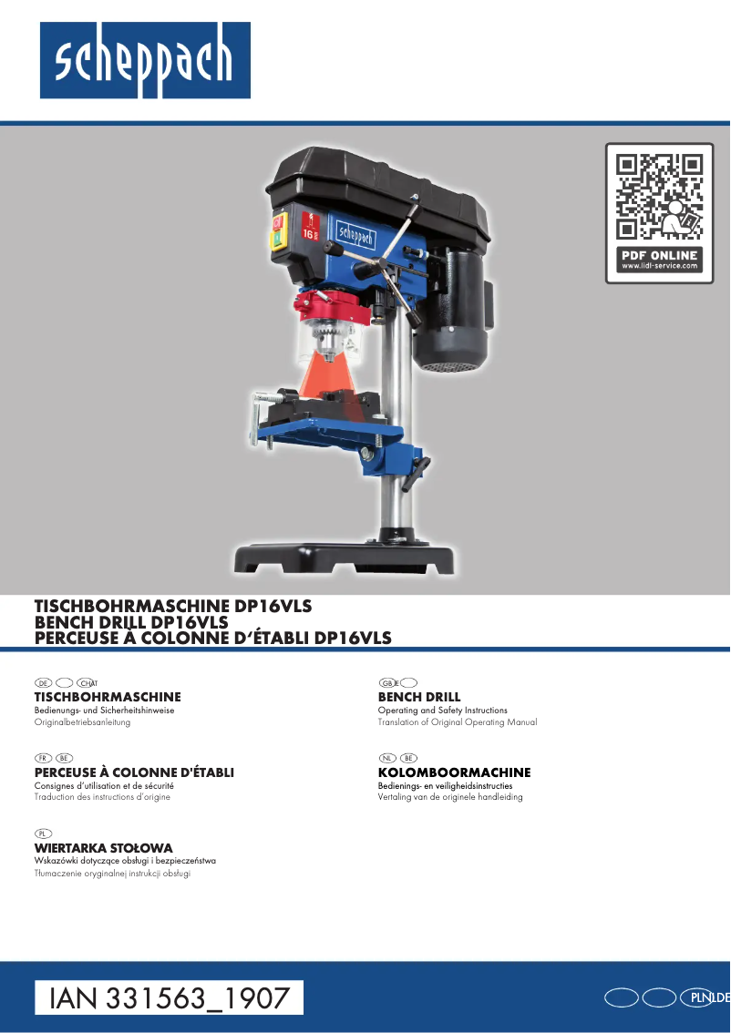 Page 1 de la notice Manuel utilisateur Scheppach DP16VLS