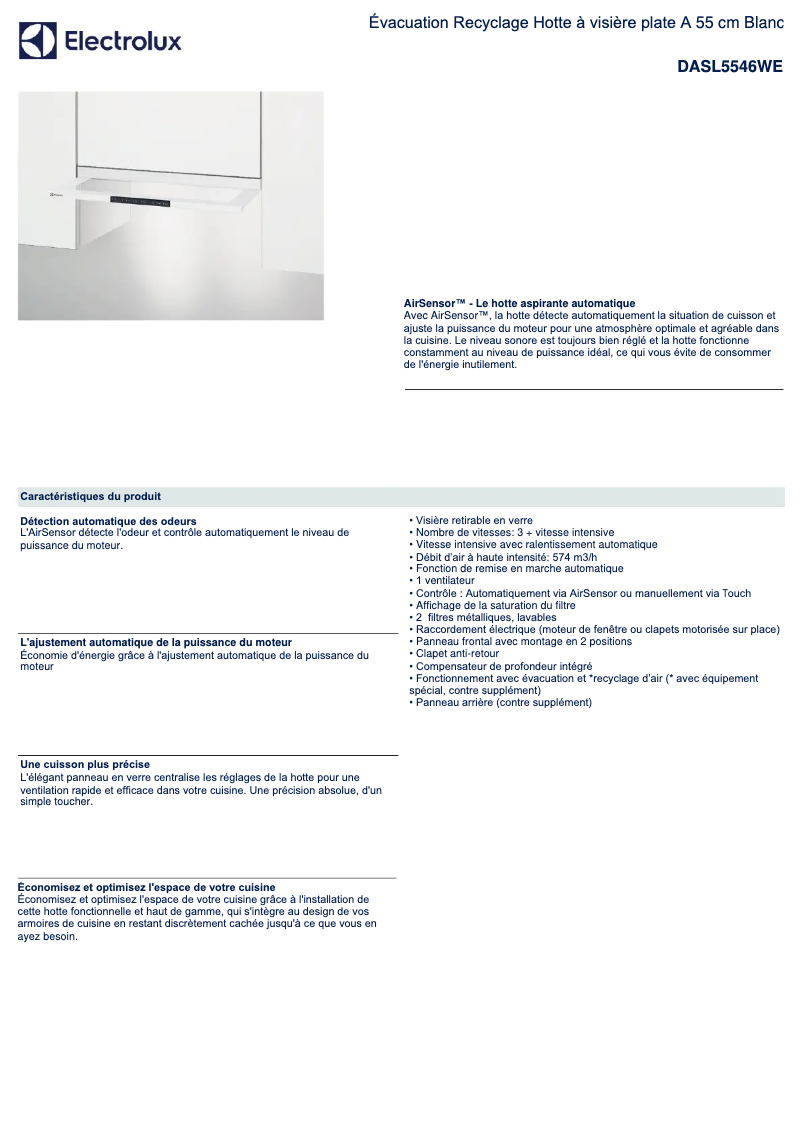 Page 1 de la notice Fiche technique Electrolux DASL5546WE