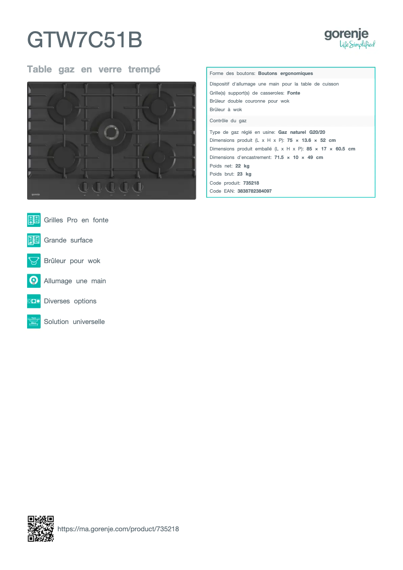 Página 1 del manual Ficha técnica Gorenje GTW7C51B