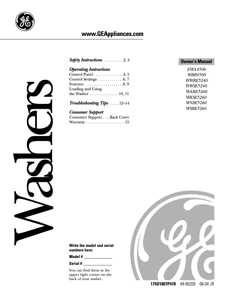 Page n°1 - Guide d'installation GE WNSE5260DWW