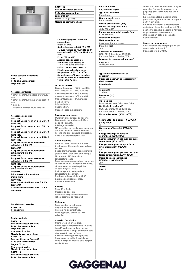 Page 1 de la notice Fiche technique Gaggenau BS451110