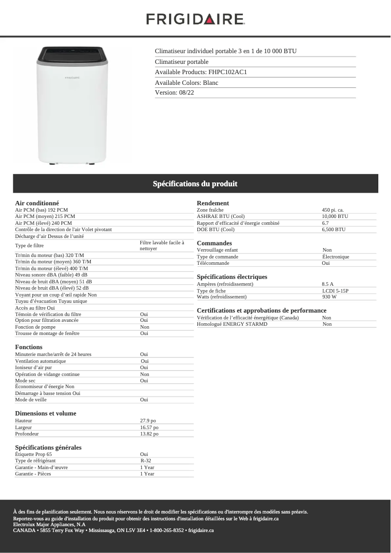 Page 1 de la notice Fiche technique Frigidaire FHPC102AC1