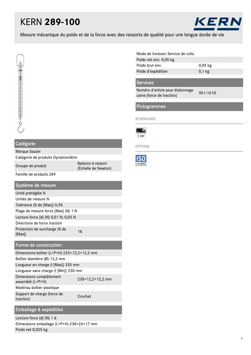 Page 1 de la notice Fiche technique Kern 289-100