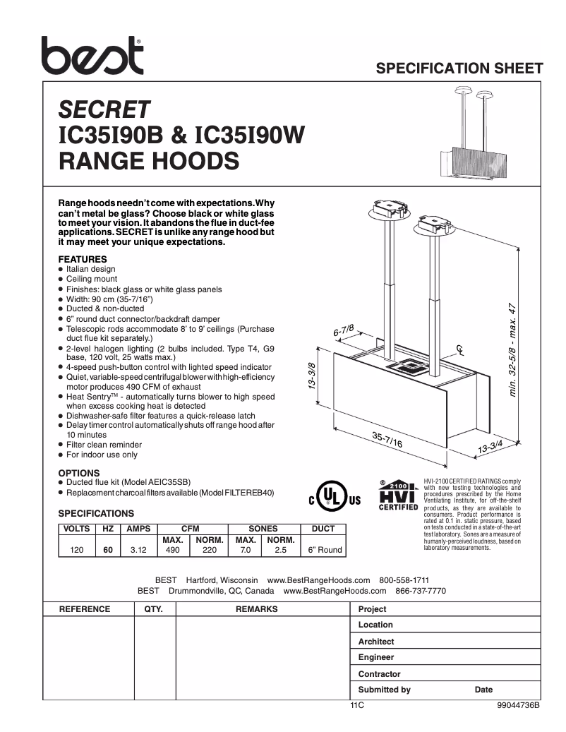 Page 1 de la notice Fiche technique Best Secret IC35I90W