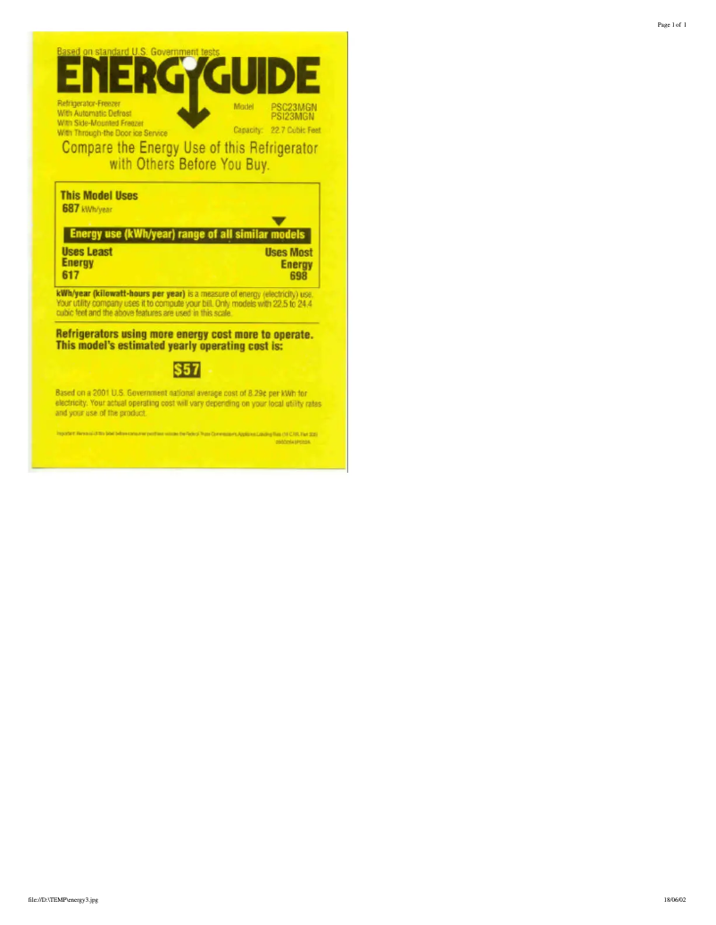 Page 1 de la notice Label énergétique GE PSI23MGNBB