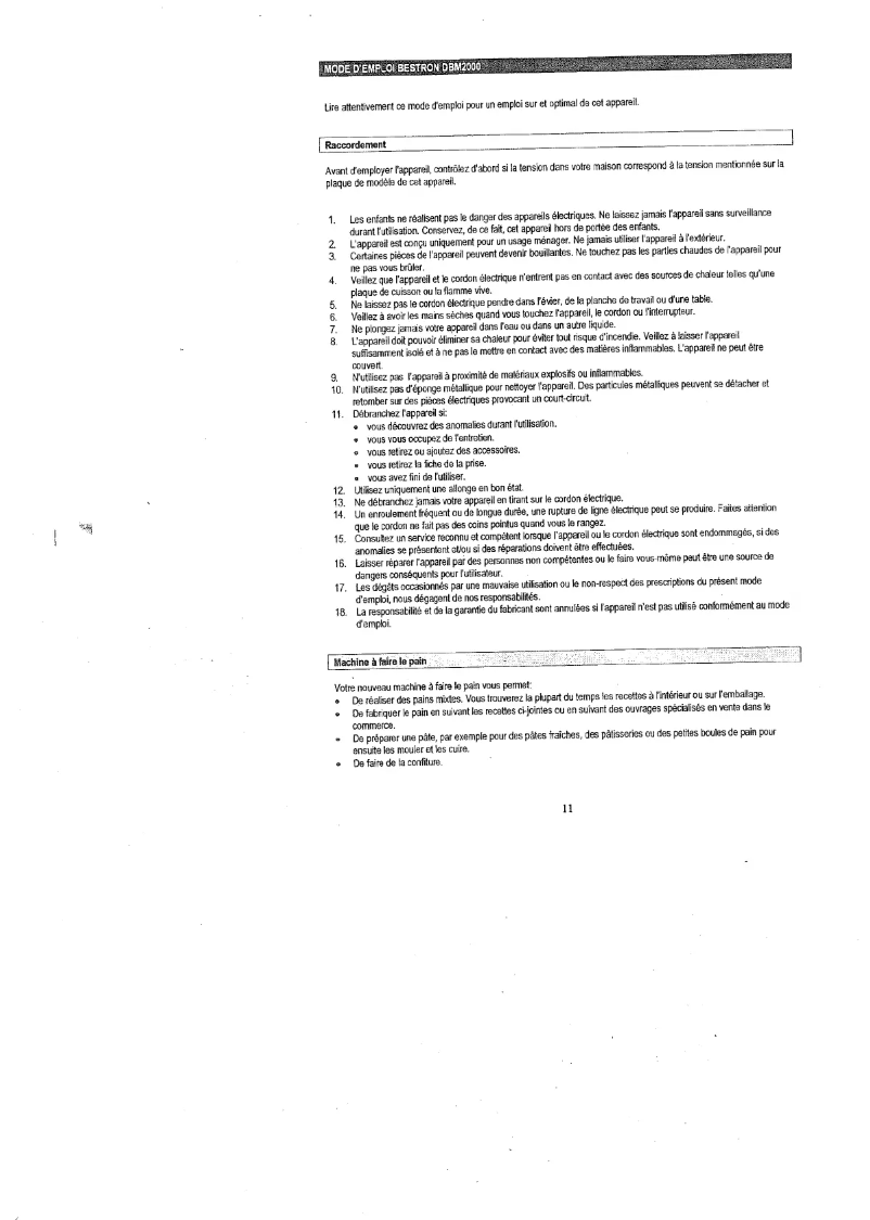 Page 1 de la notice Manuel utilisateur Bestron DBM 2000