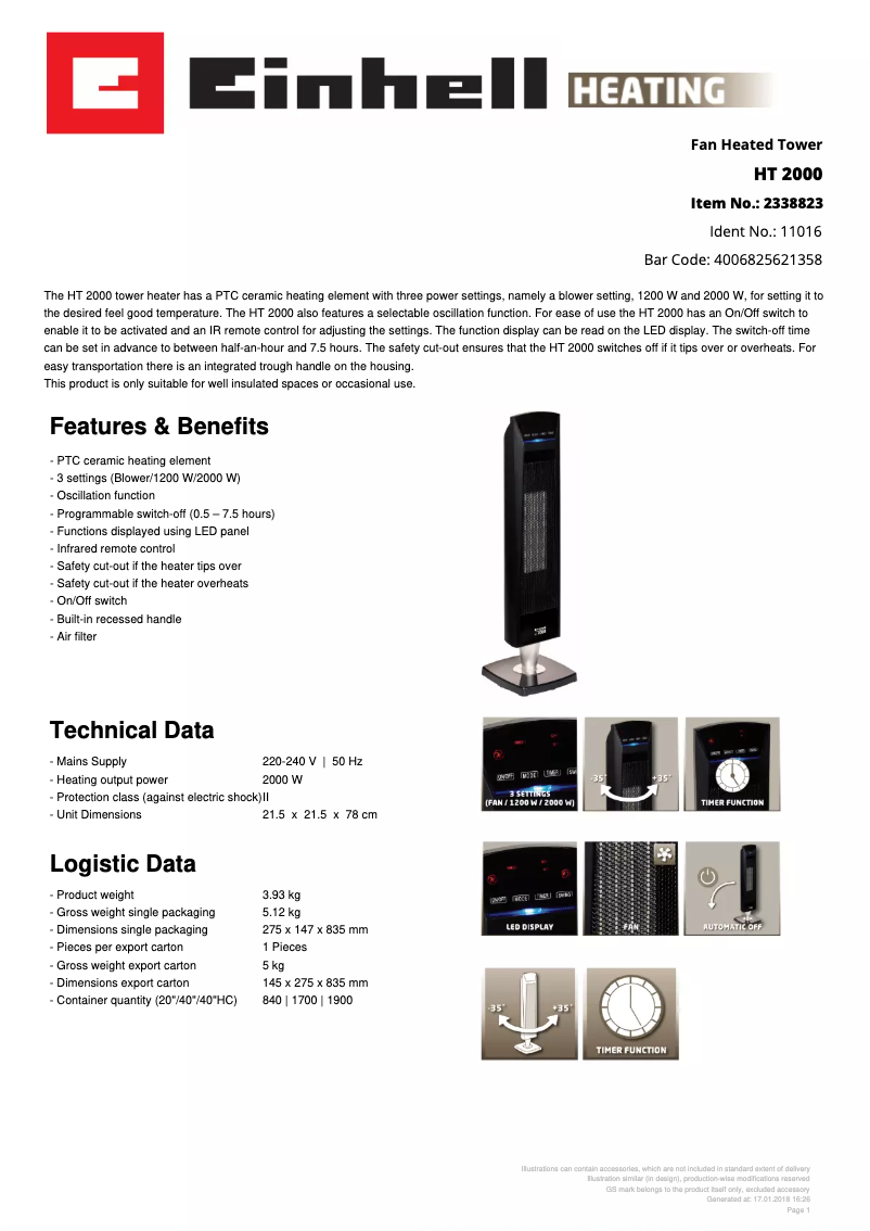 Page 1 de la notice Fiche technique Einhell HT 2000