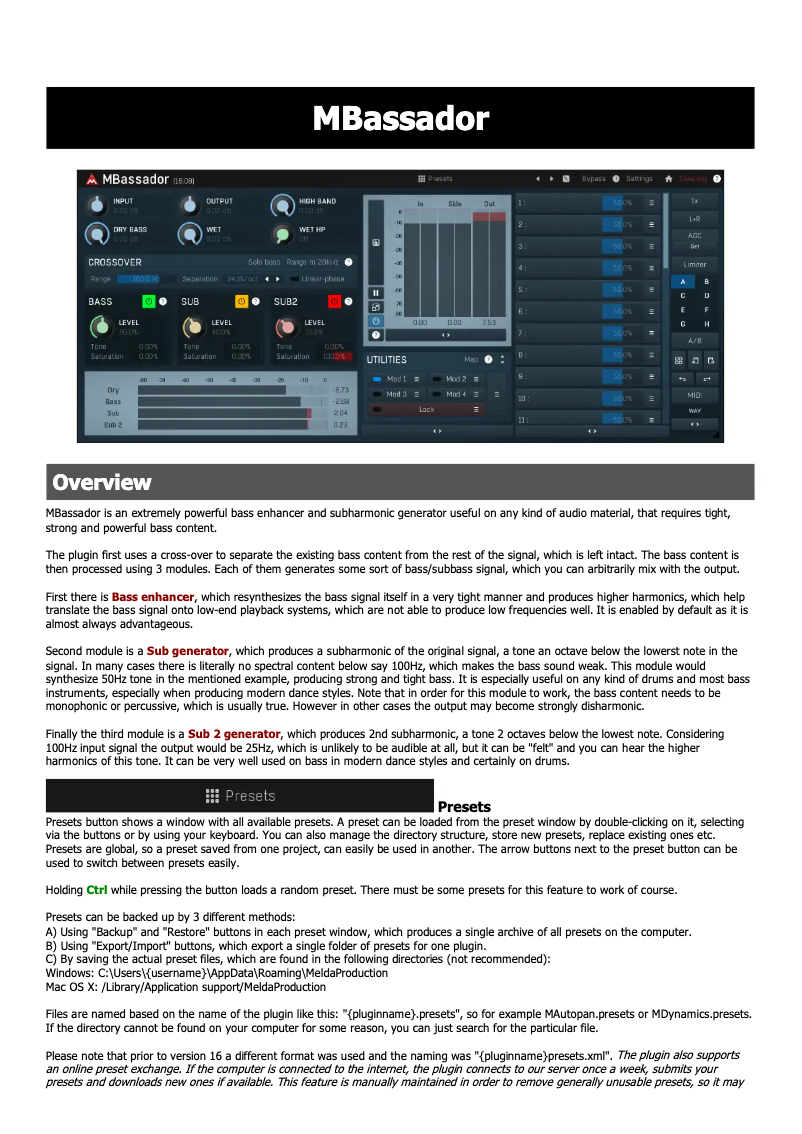 Page 1 de la notice Manuel utilisateur MeldaProduction Mbassador