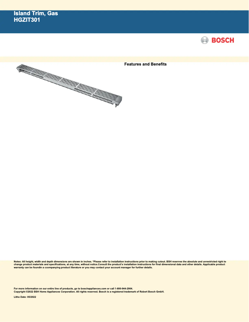 Page 1 of the manual Technical Sheet Bosch HGZIT301