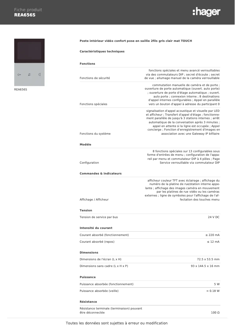 Page 1 de la notice Fiche technique Elcom REA656S