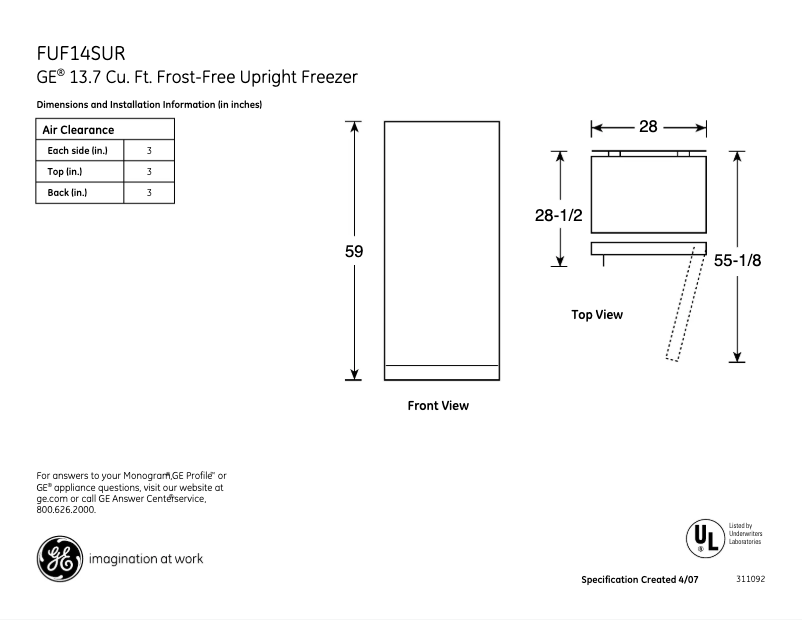 Página 1 del manual Ficha técnica GE FUF14SURWW