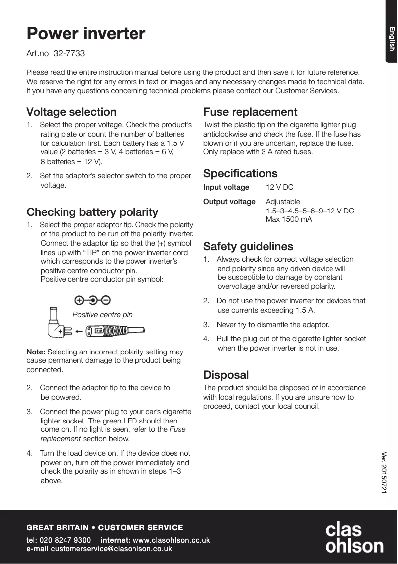 Page 1 de la notice Manuel utilisateur Vanson 32-7733