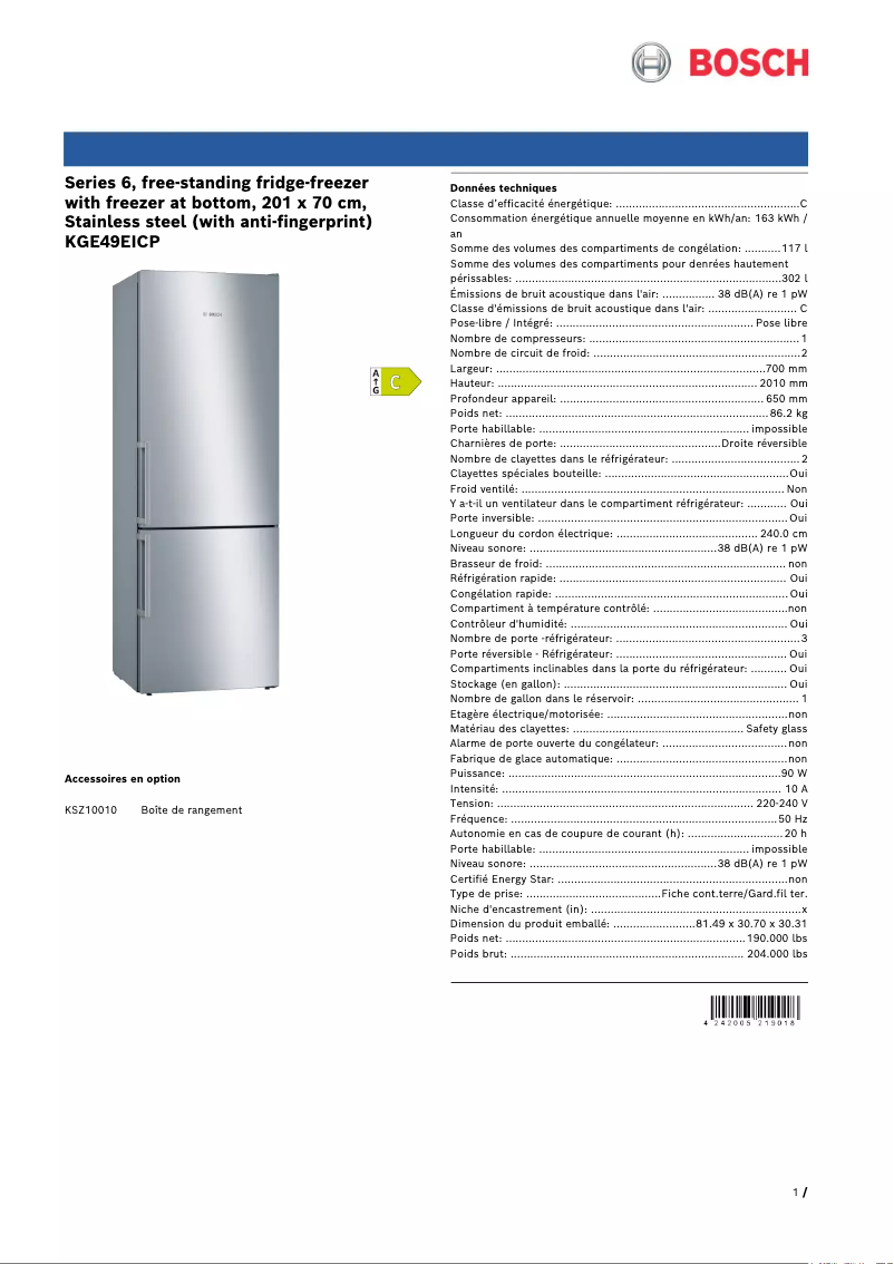 Page 1 of the manual Technical Sheet Bosch KGE49EICP