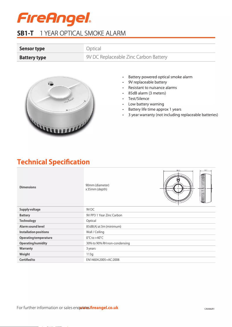 Page 1 de la notice Fiche technique FireAngel SB1-T