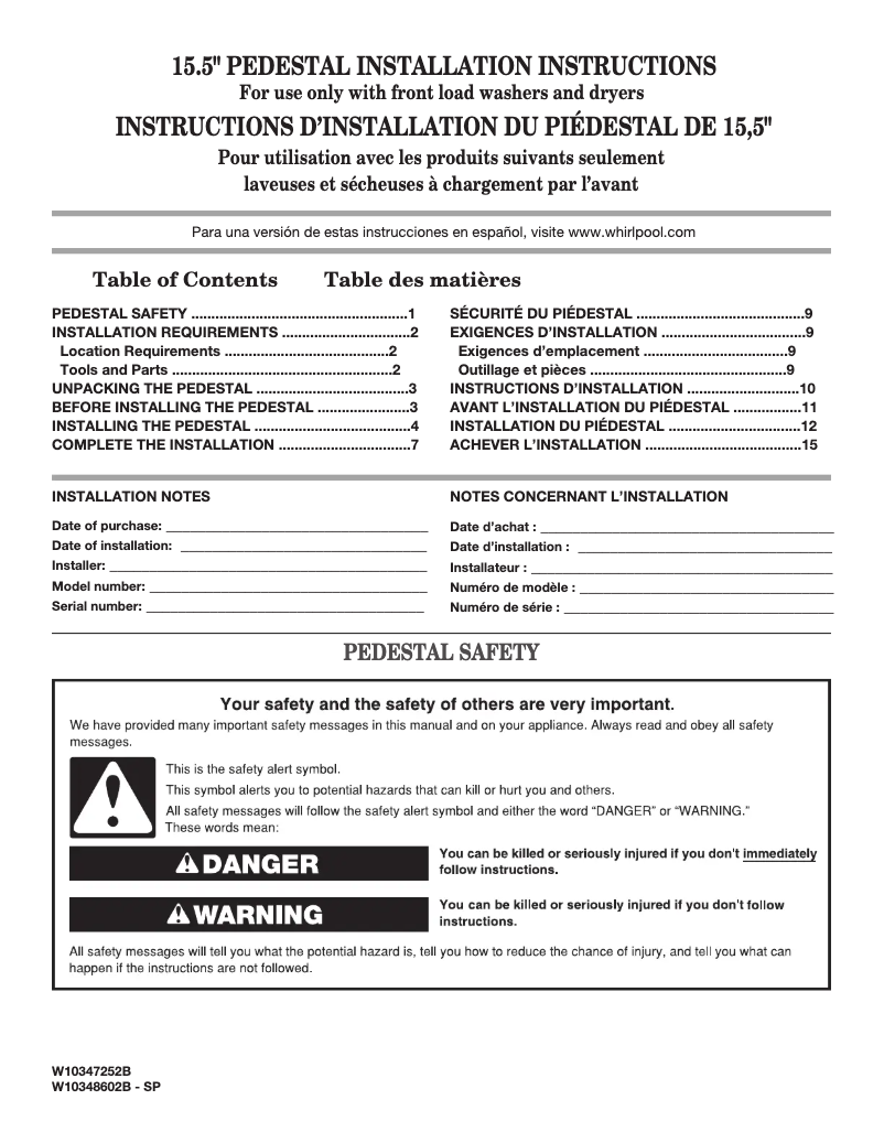 Página 1 del manual Guía de instalación Whirlpool XHPC155X