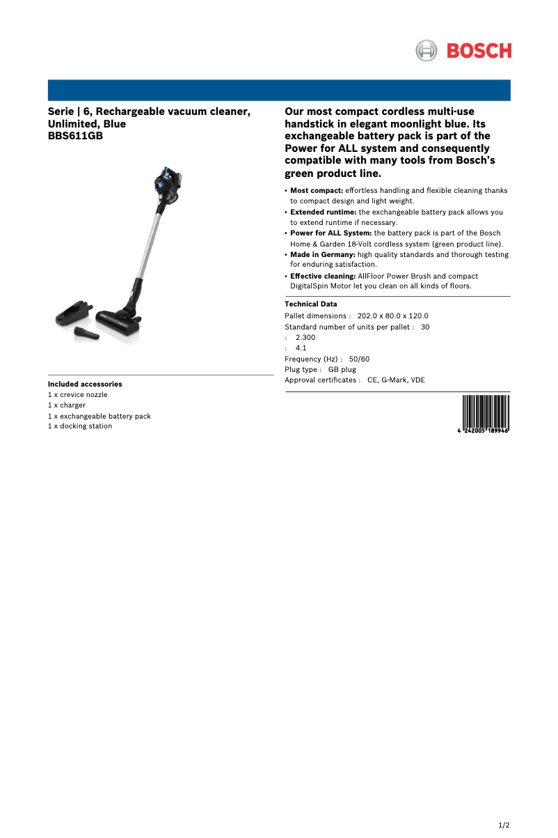 Page 1 of the manual Technical Sheet Bosch BBS611GB