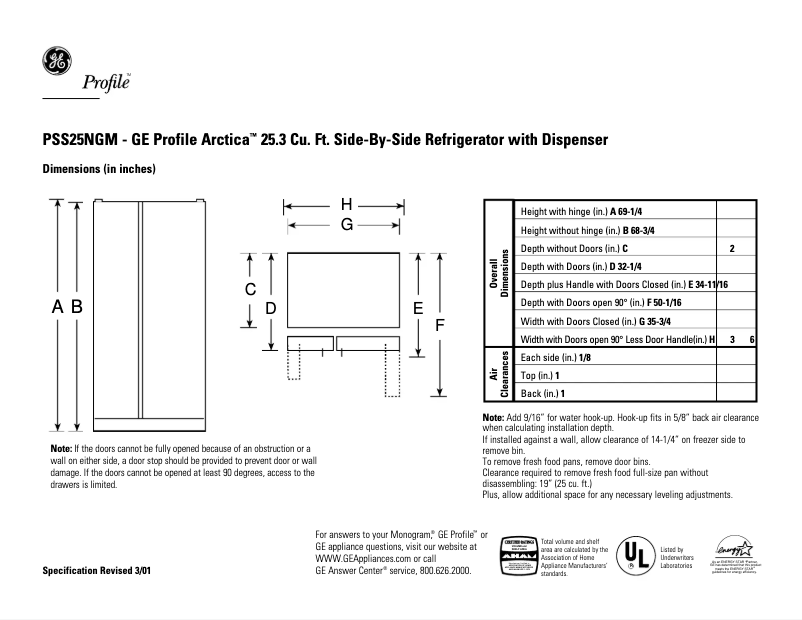 Page 1 of the manual Technical Sheet GE PSS25NGMCC