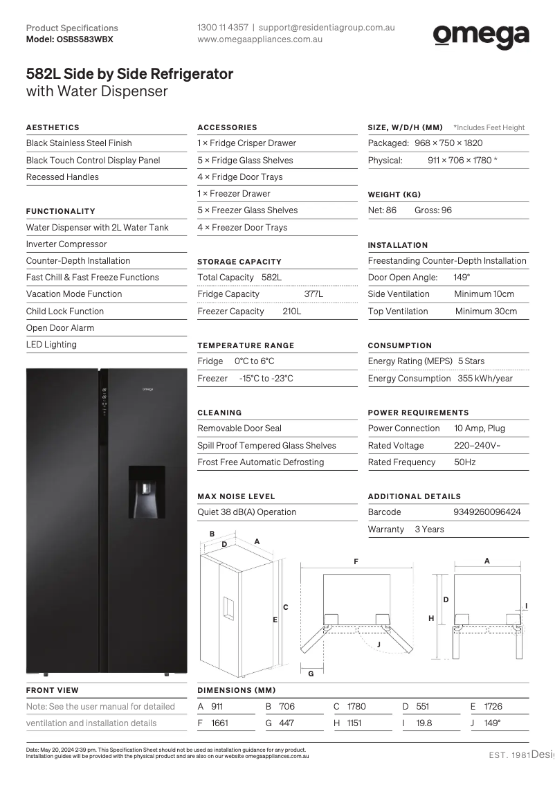 Page 1 of the manual Technical Sheet Omega OSBS583WBX