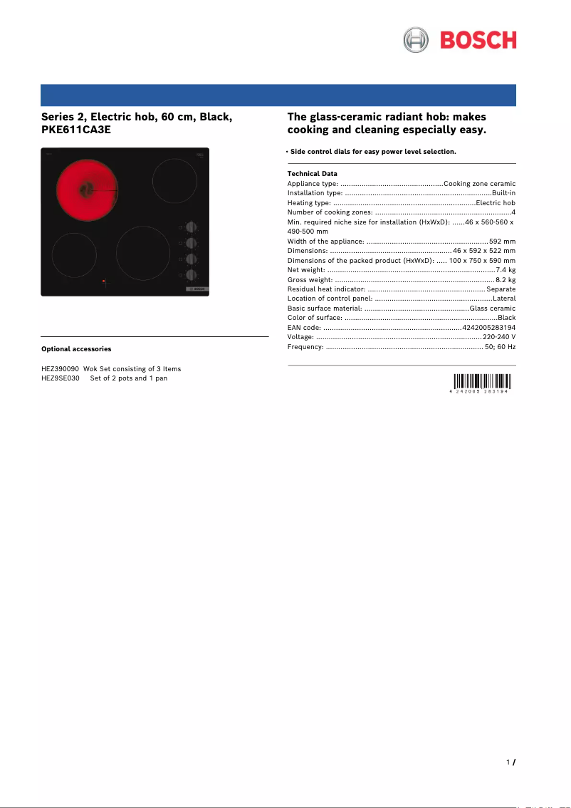 Page 1 of the manual Technical Sheet Bosch PKE611CA3E