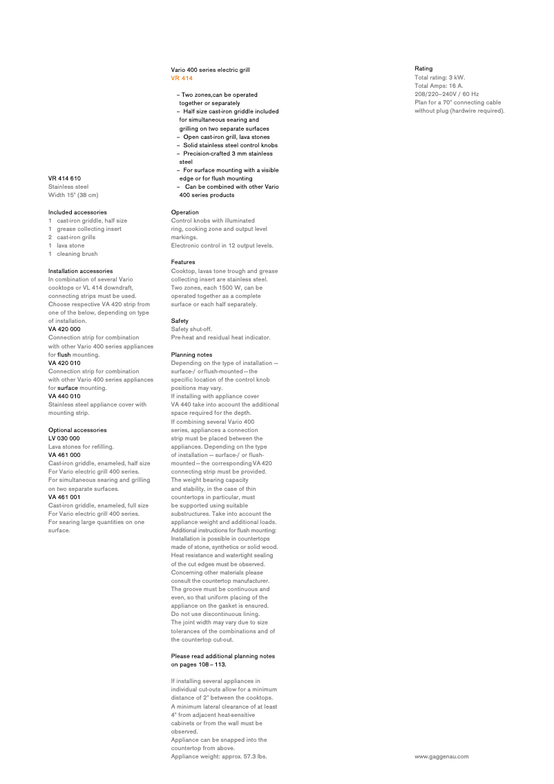 Página 1 del manual Ficha técnica Gaggenau VR414610