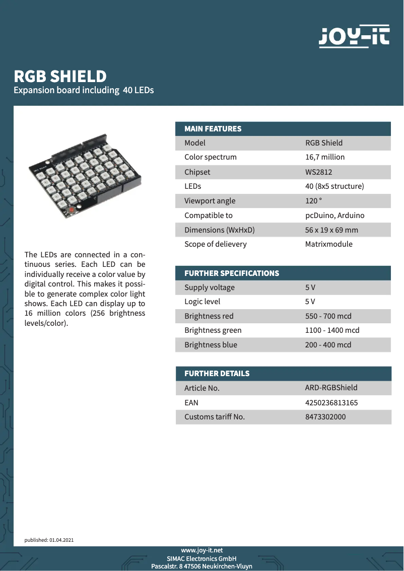 Página 1 del manual Ficha técnica Joy-It ARD-RGBShield