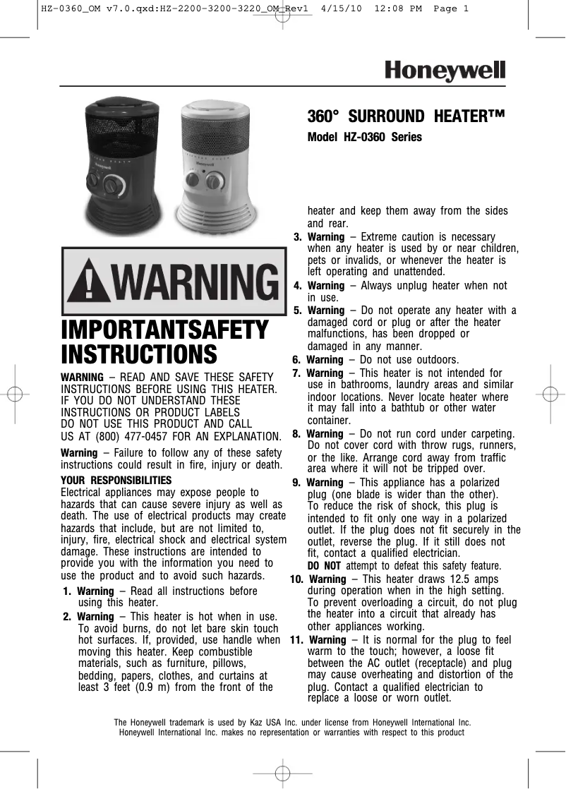 Page 1 de la notice Manuel utilisateur Honeywell Surround Heater HZ-0360