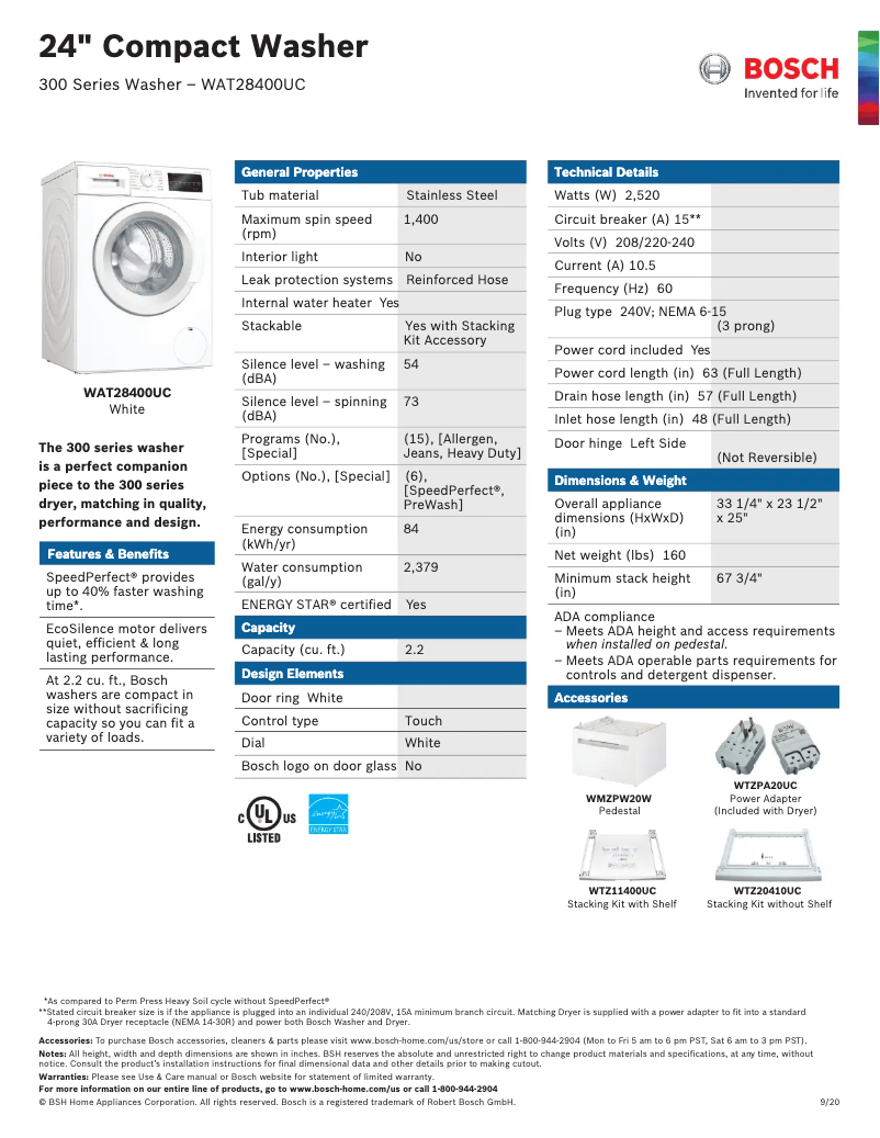 Page 1 of the manual Technical Sheet Bosch 300 Series WAT28400UC