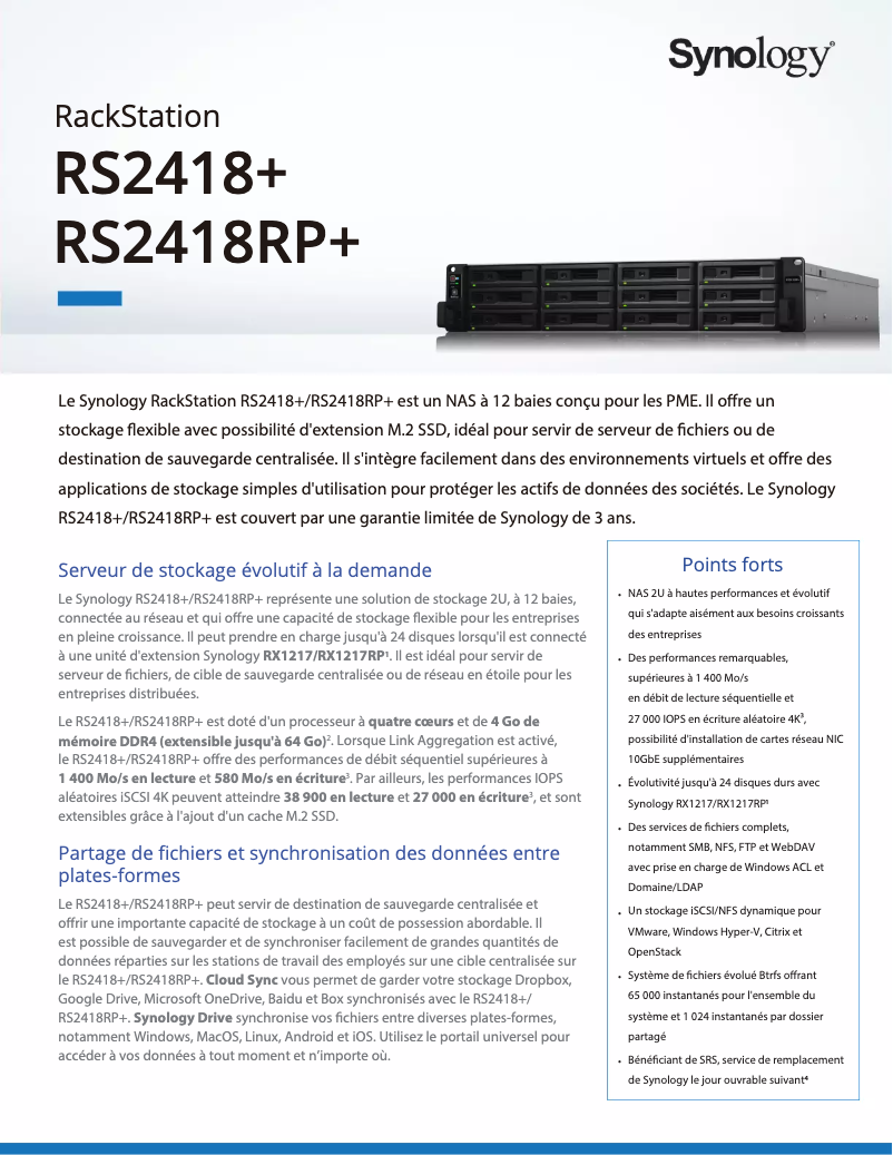 Page 1 de la notice Fiche technique Synology RackStation RS2418+