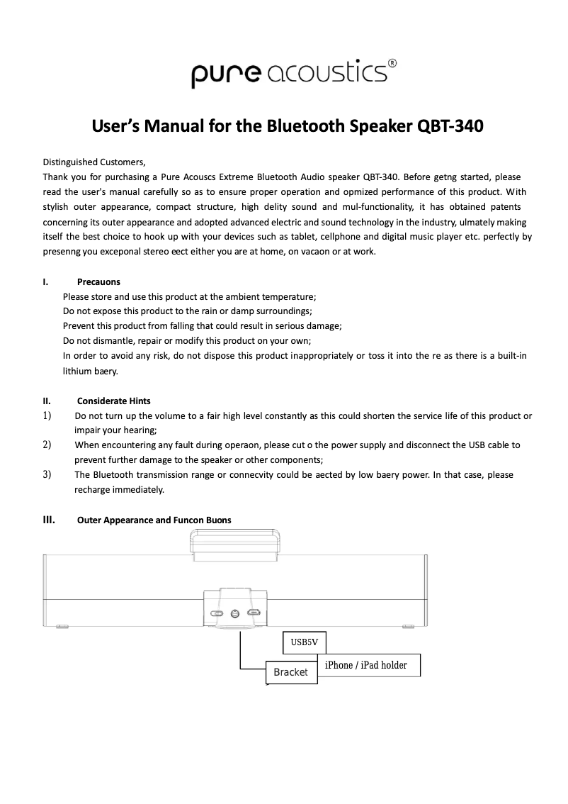 Page 1 de la notice Manuel utilisateur Pure Acoustics QBT 340