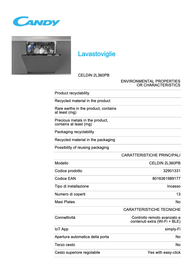 Page 1 of the manual Technical Sheet Candy CELDIN 2L360PB