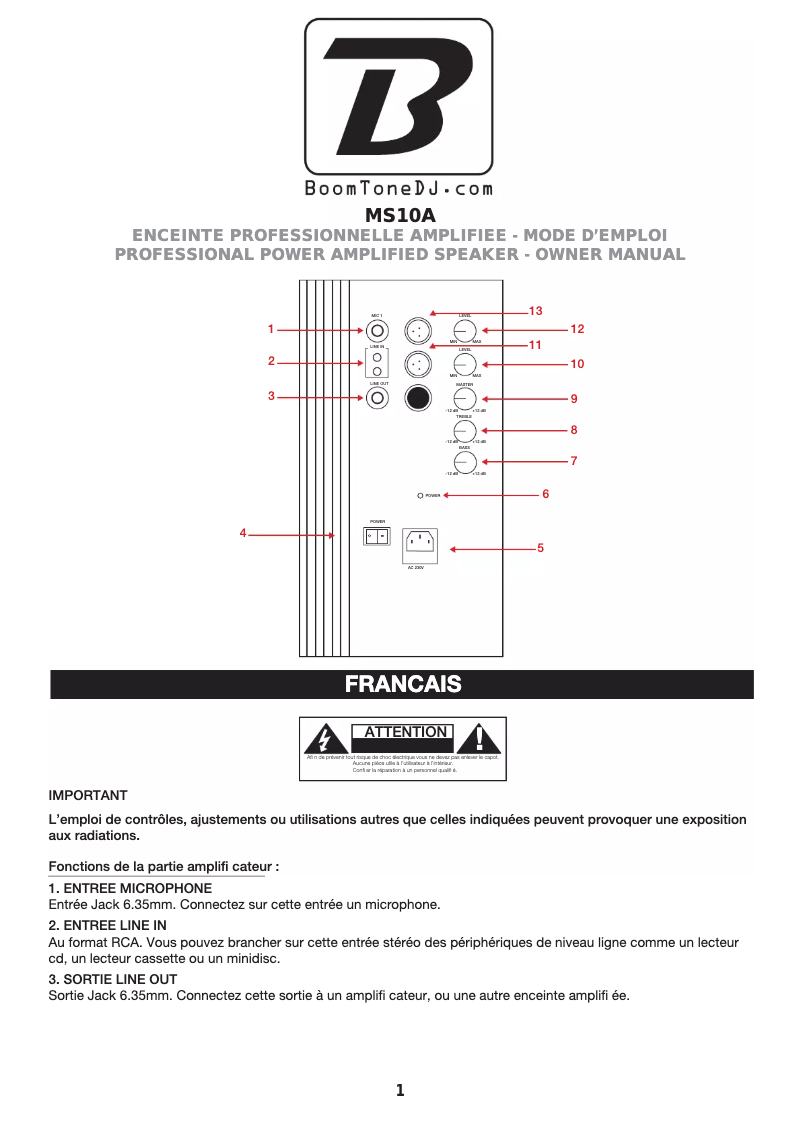 Page 1 de la notice Manuel utilisateur BoomTone DJ MS10A