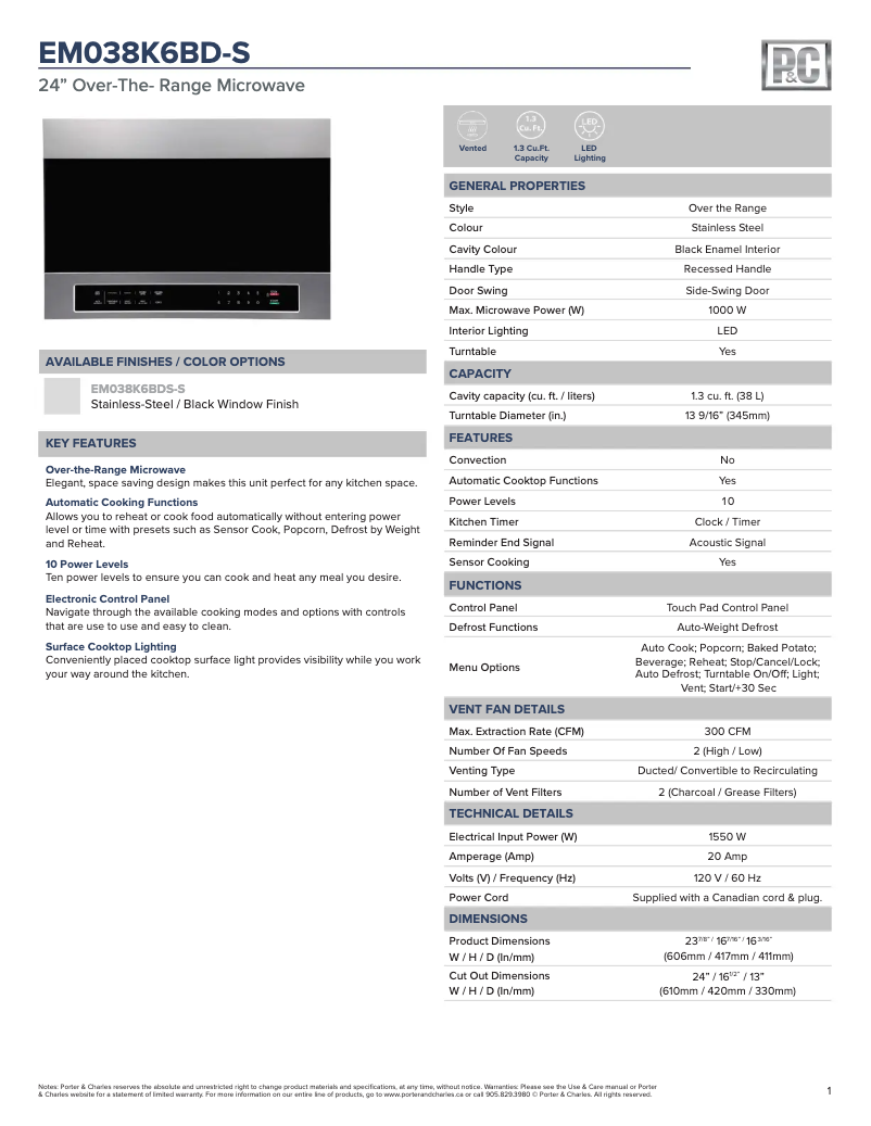 Page 1 de la notice Fiche technique Porter & Charles EM038K6BD
