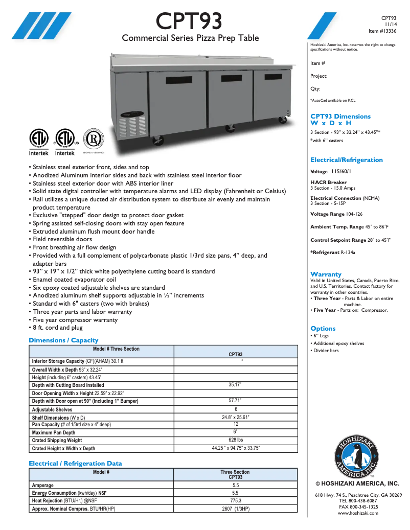 Page 1 de la notice Fiche technique Hoshizaki CPT93