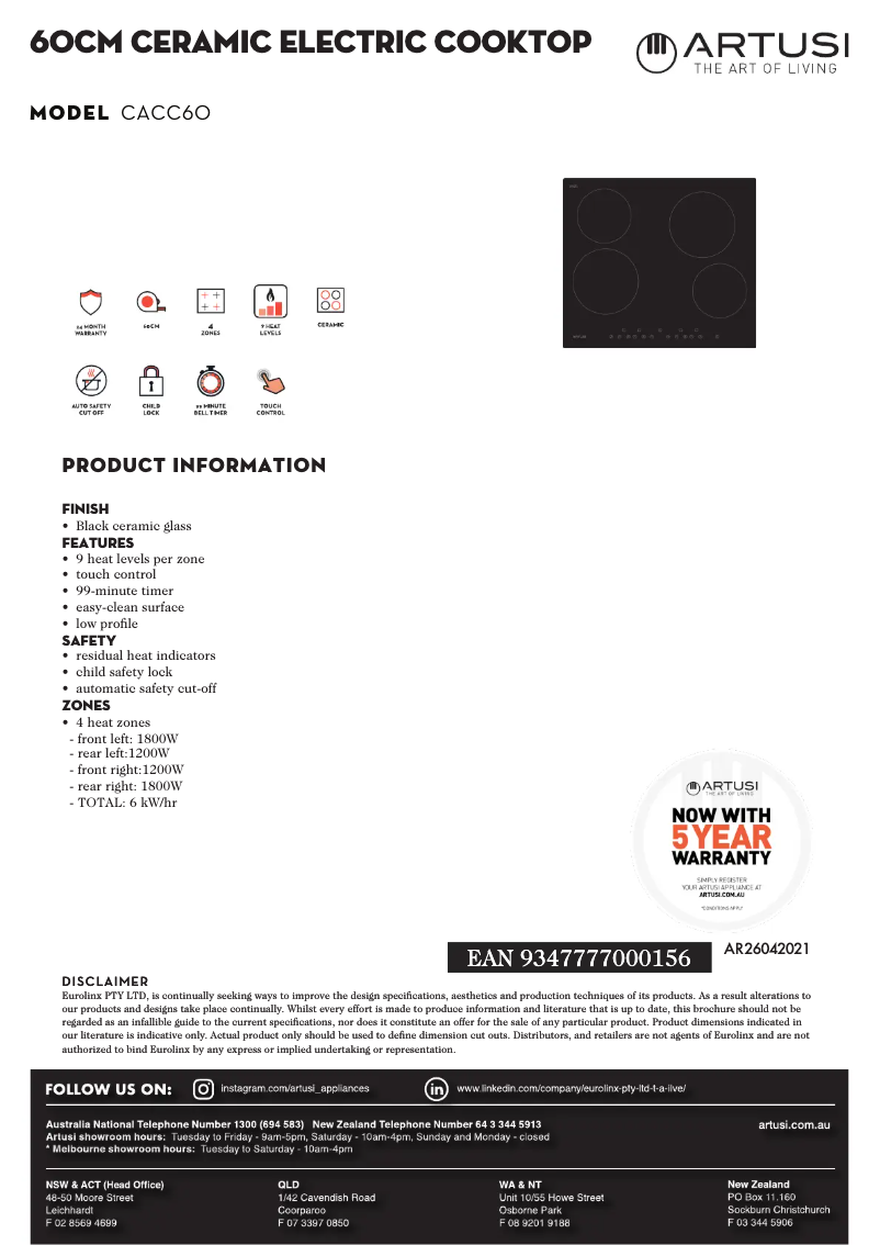 Page 1 de la notice Fiche technique Artusi CACC60