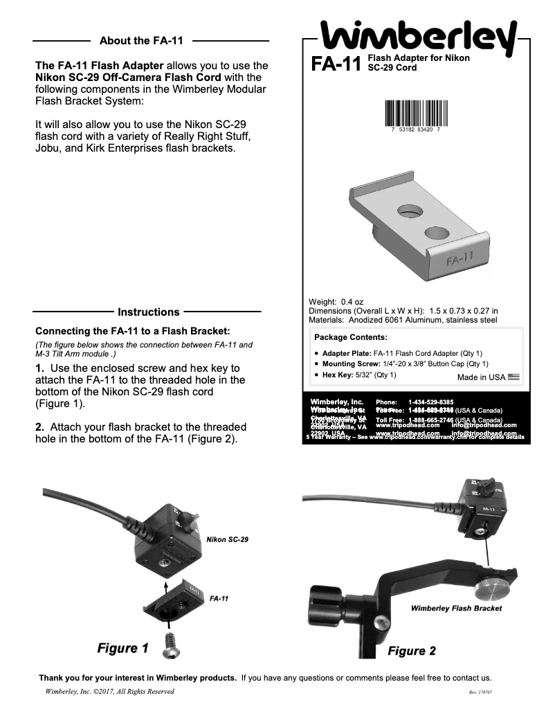 Page 1 de la notice Manuel utilisateur Wimberley FA-11