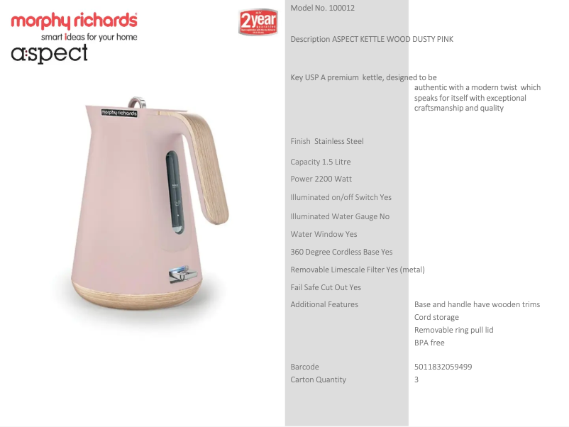 Page 1 de la notice Fiche technique Morphy Richards Aspect 100012