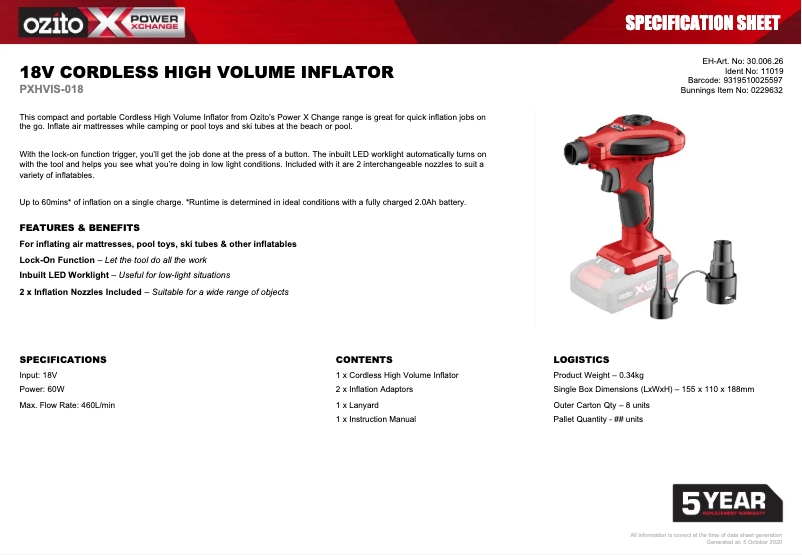 Page 1 de la notice Fiche technique Ozito PXHVIS-018