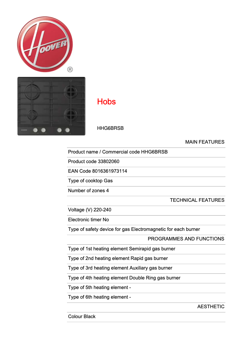 Page 1 de la notice Fiche technique Hoover HHG6BRSB