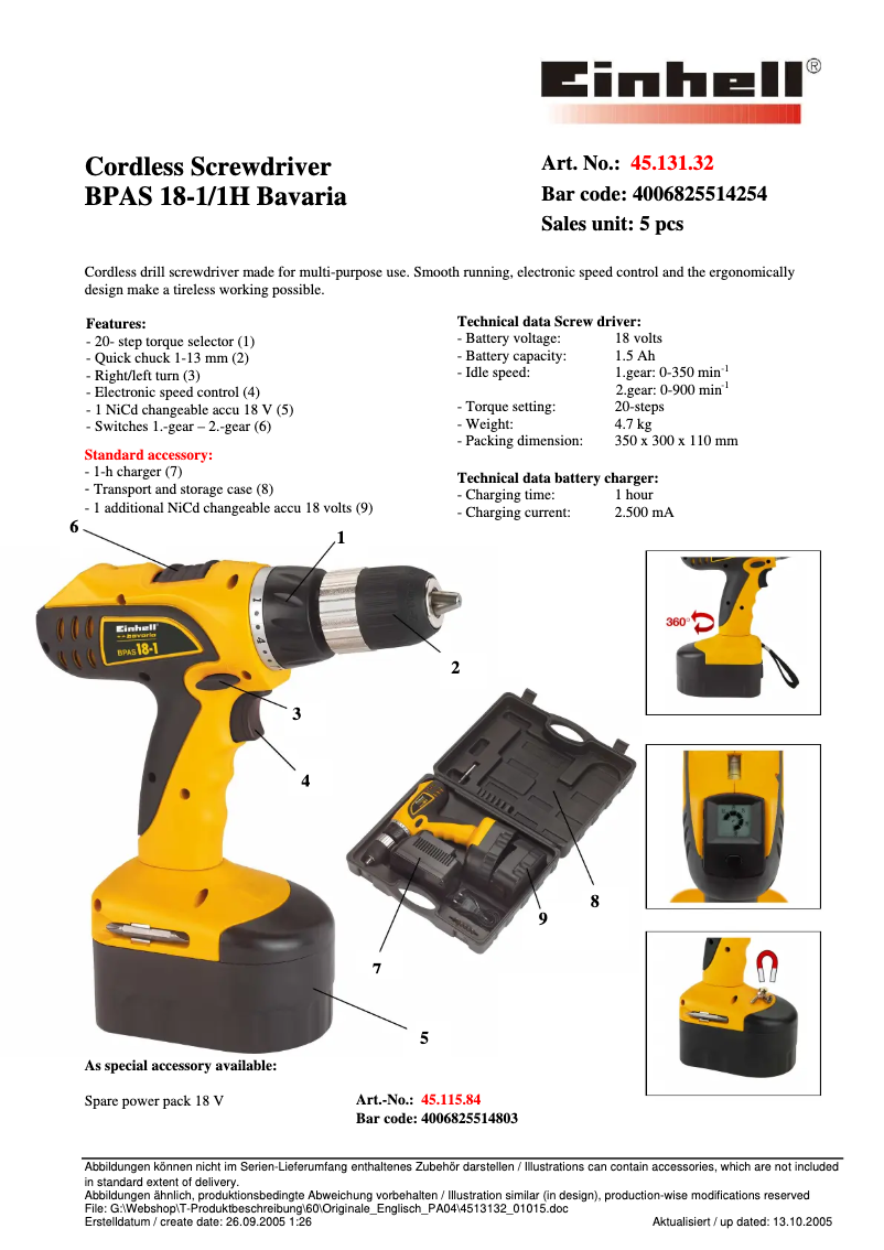 Page 1 de la notice Manuel utilisateur Bavaria by Einhell BPAS 18-1/1H
