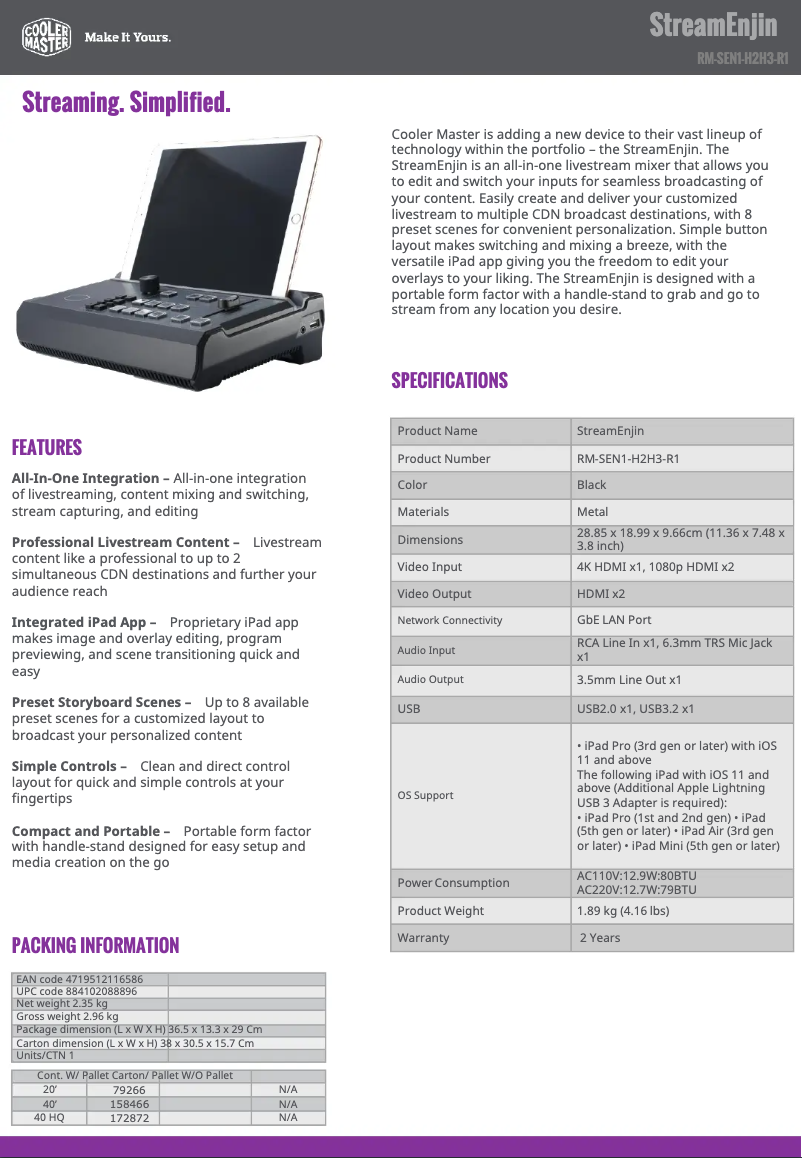 Page 1 de la notice Fiche technique Cooler Master StreamEnjin