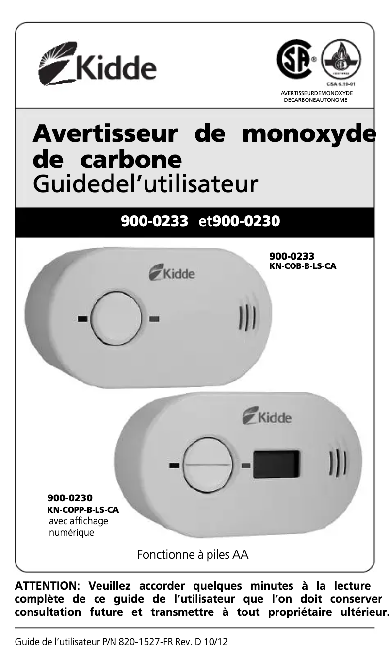 Page 1 de la notice Manuel utilisateur Kidde 900-0233